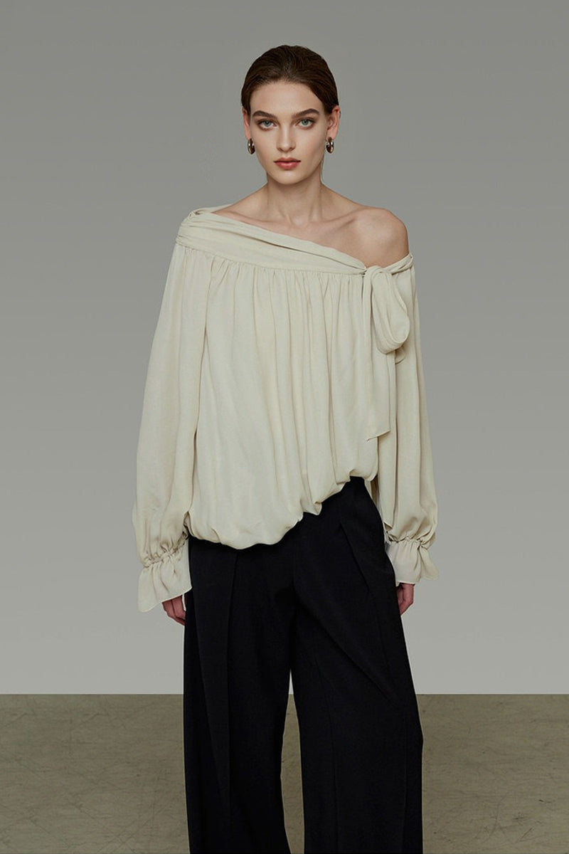 Asymmetric Off-Shoulder Long Sleeve Tie Front Blouse