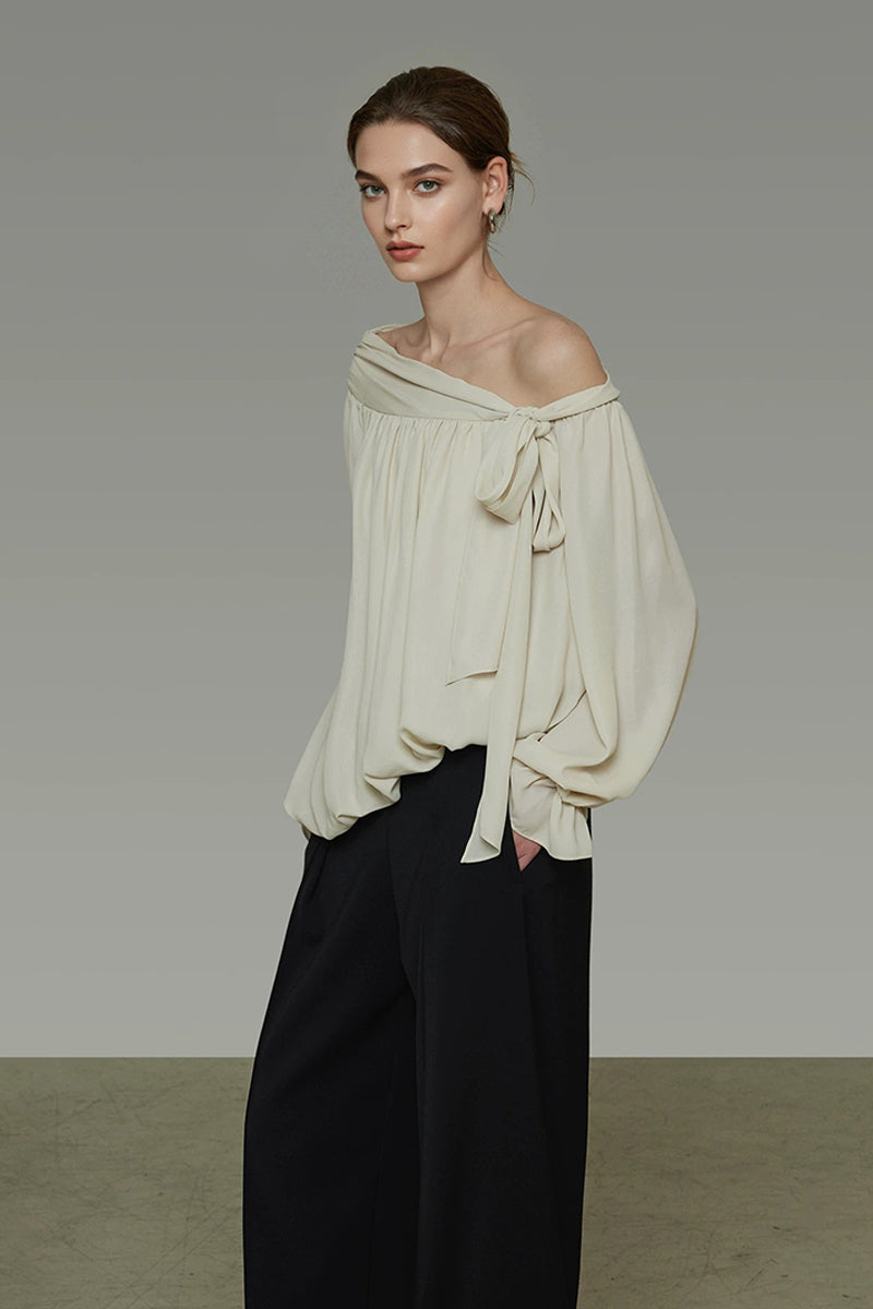 Asymmetric Off-Shoulder Long Sleeve Tie Front Blouse