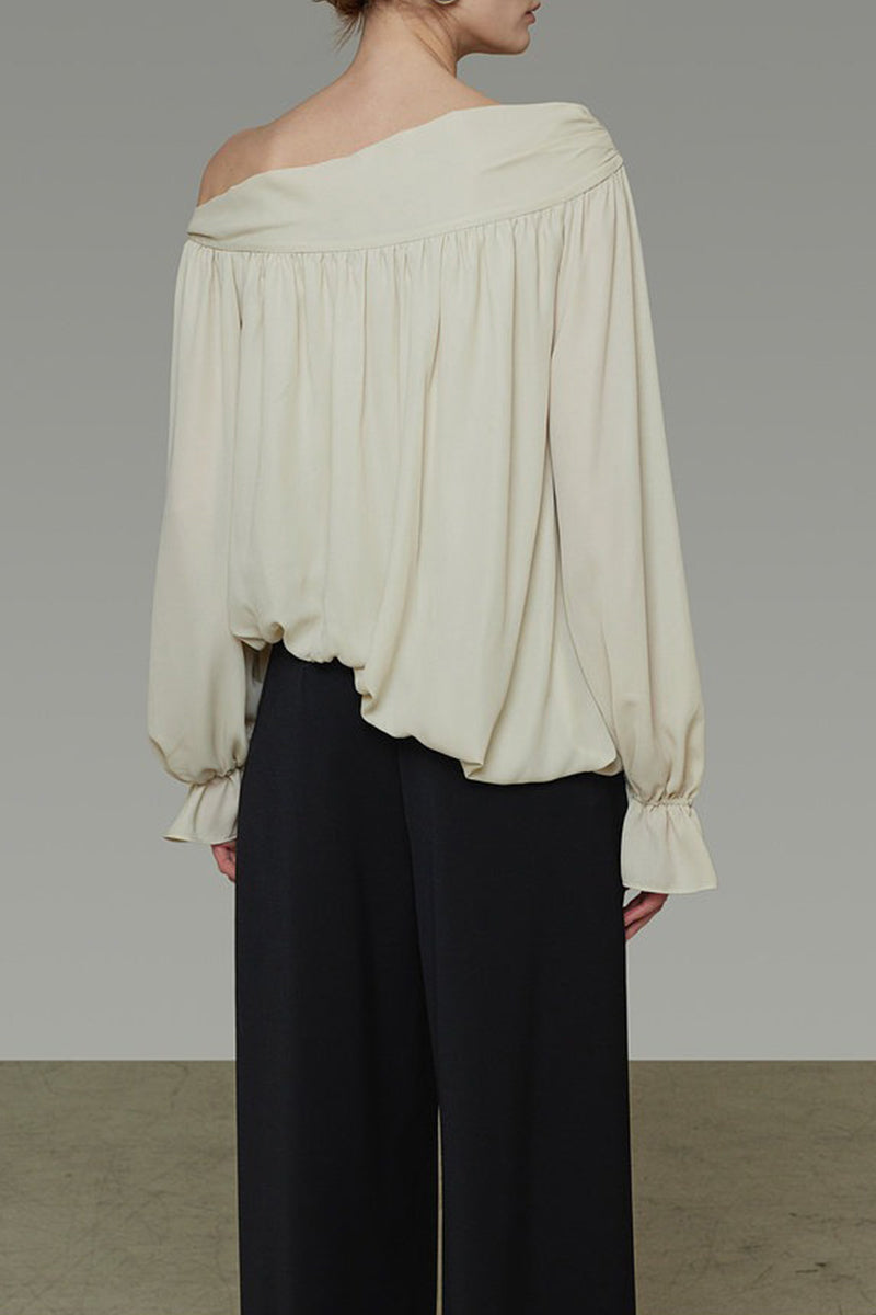 Asymmetric Off-Shoulder Long Sleeve Tie Front Blouse