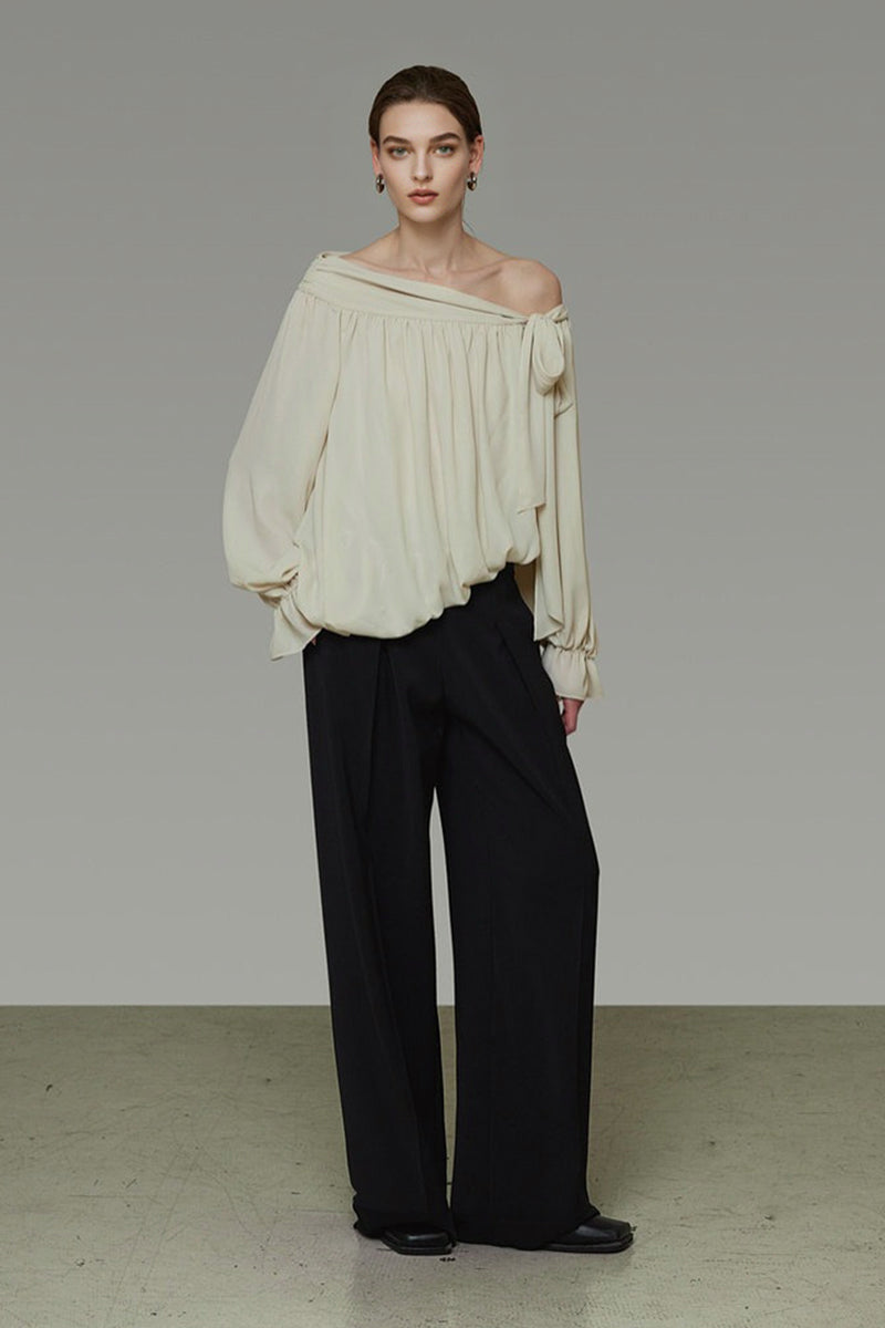 Asymmetric Off-Shoulder Long Sleeve Tie Front Blouse