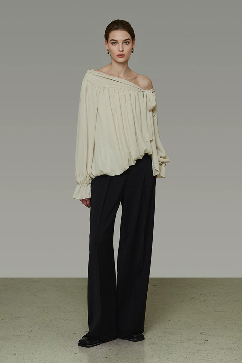 Asymmetric Off-Shoulder Long Sleeve Tie Front Blouse
