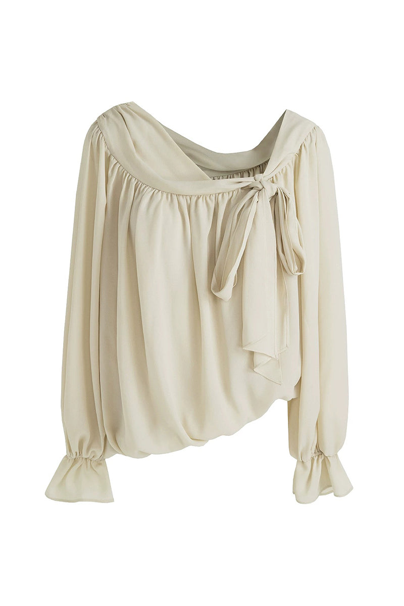 Asymmetric Off-Shoulder Long Sleeve Tie Front Blouse