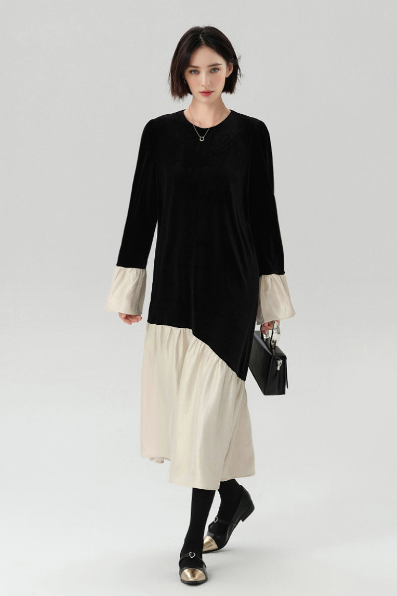 Asymmetric Patchwork Long-Sleeve Velvet Dress