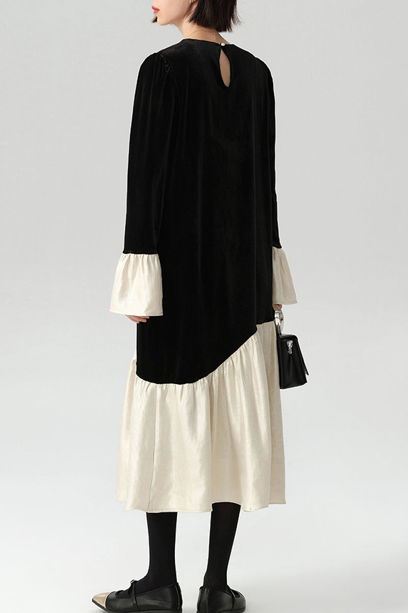 Asymmetric Patchwork Long-Sleeve Velvet Dress
