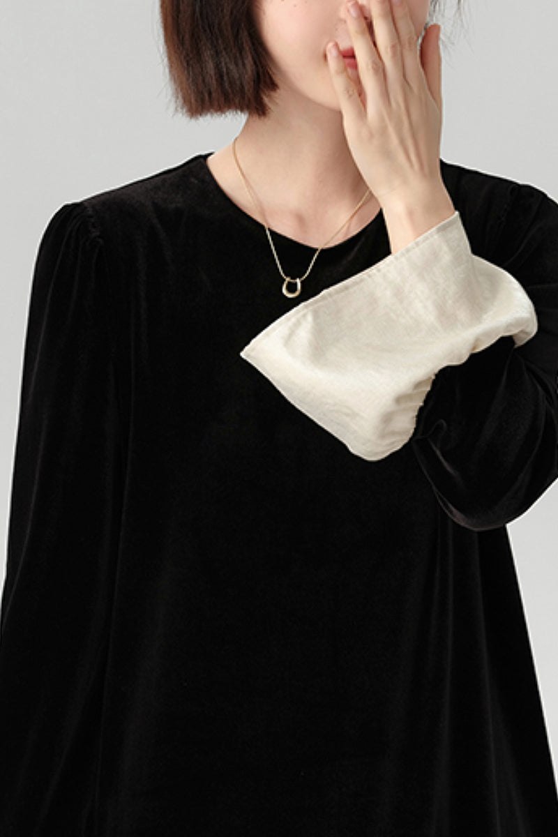 Asymmetric Patchwork Long-Sleeve Velvet Dress