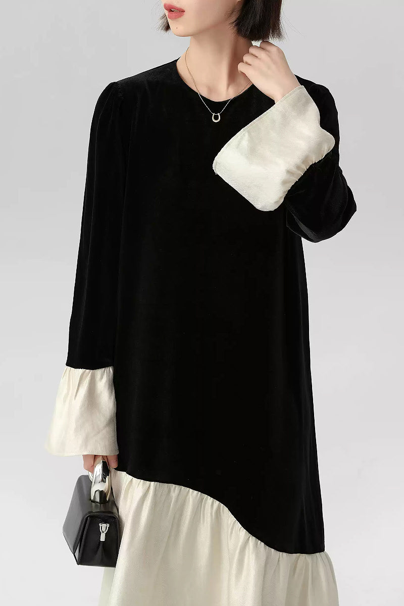 Asymmetric Patchwork Long-Sleeve Velvet Dress