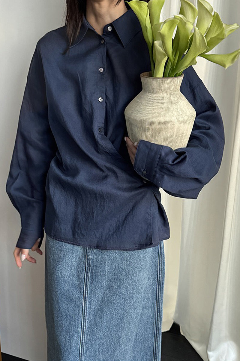 Asymmetric Tencel-Ramie Button-Down Shirt
