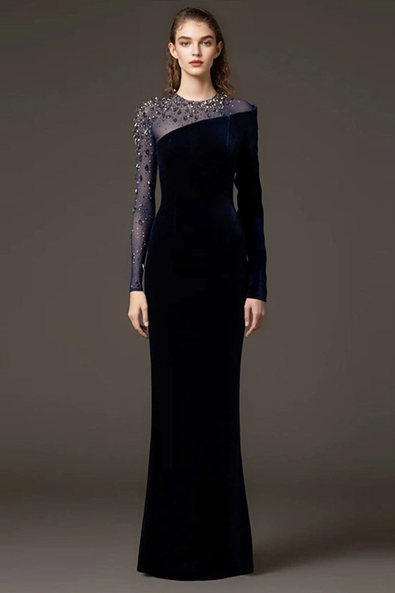 Asymmetric Velvet Crystal-Embellished Long Sleeve Evening Gown