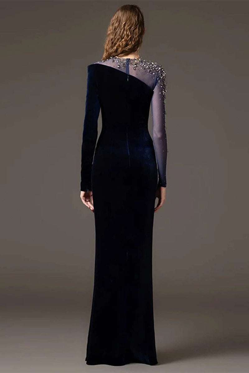 Asymmetric Velvet Crystal-Embellished Long Sleeve Evening Gown