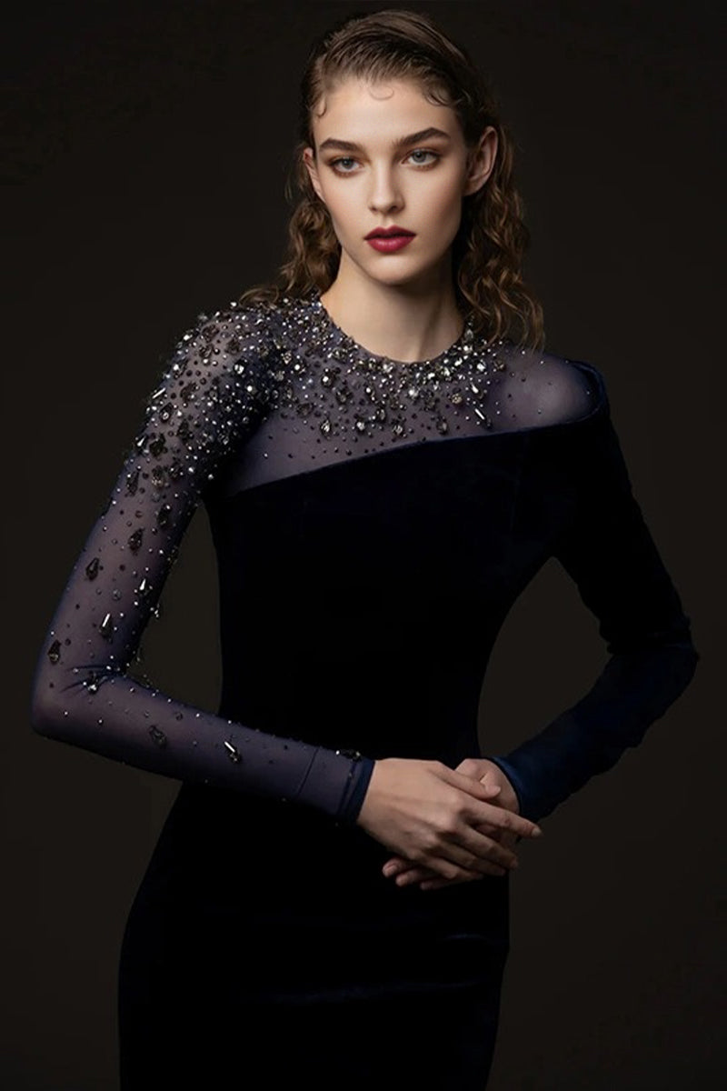 Asymmetric Velvet Crystal-Embellished Long Sleeve Evening Gown