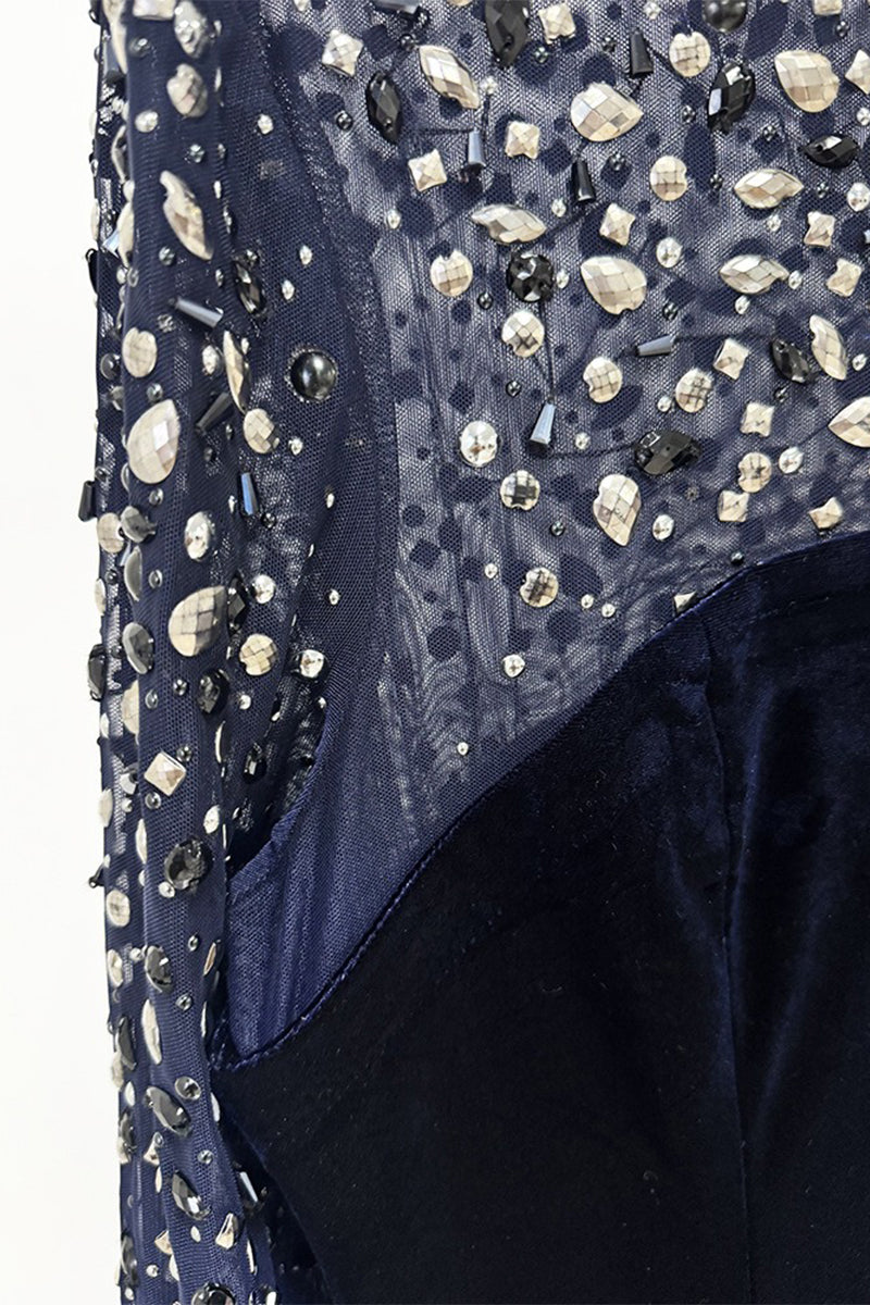 Asymmetric Velvet Crystal-Embellished Long Sleeve Evening Gown