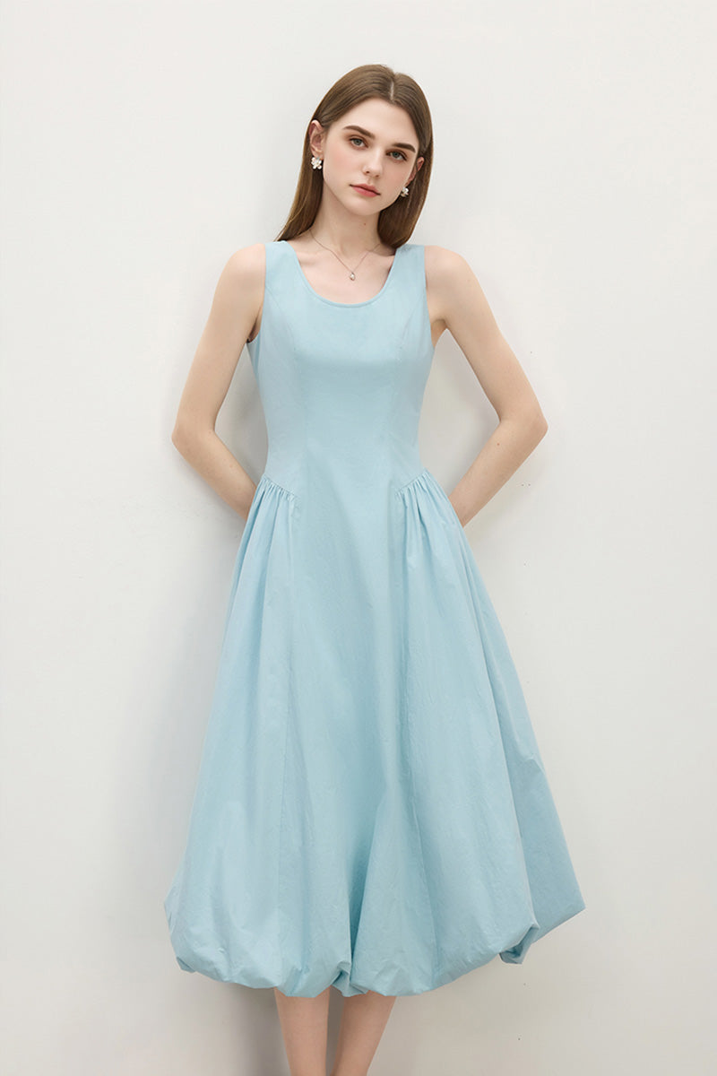 Baby Blue 100 Cotton Sleeveless Scoop-Neck Bubble Midi Dress