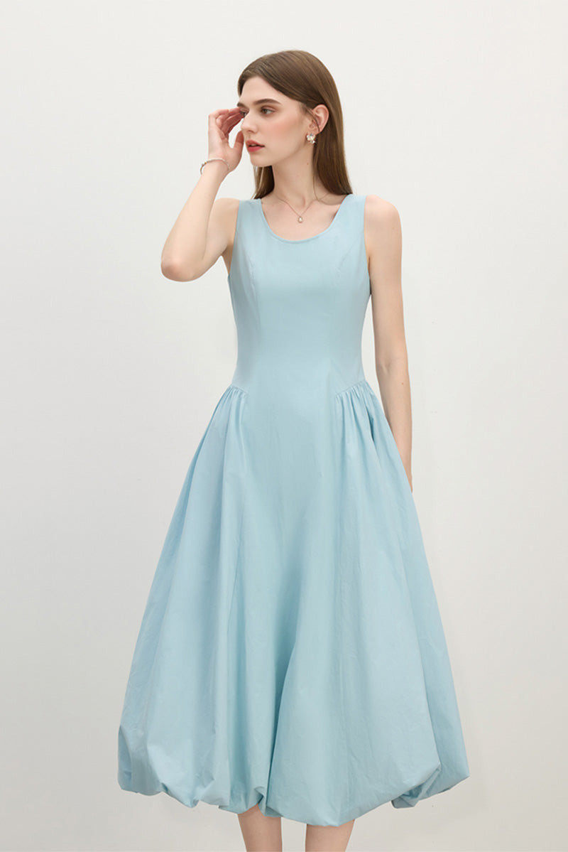 Baby Blue 100 Cotton Sleeveless Scoop-Neck Bubble Midi Dress