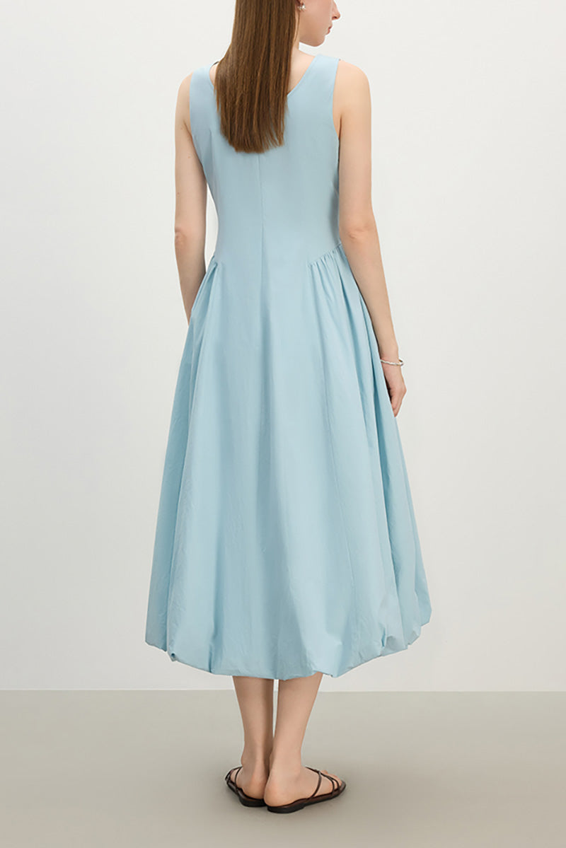 Baby Blue 100 Cotton Sleeveless Scoop-Neck Bubble Midi Dress