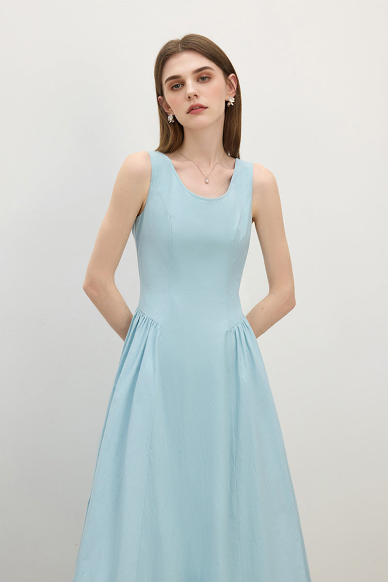 Baby Blue 100 Cotton Sleeveless Scoop-Neck Bubble Midi Dress