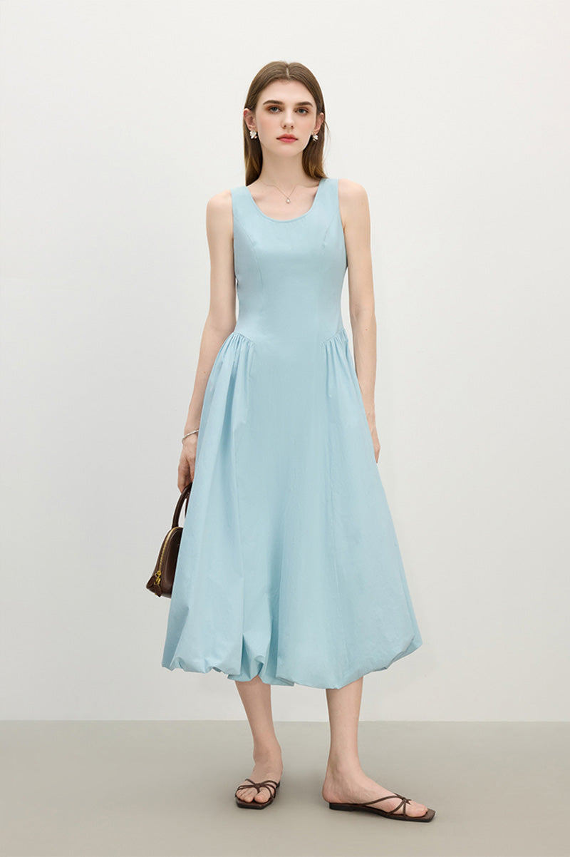 Baby Blue 100 Cotton Sleeveless Scoop-Neck Bubble Midi Dress