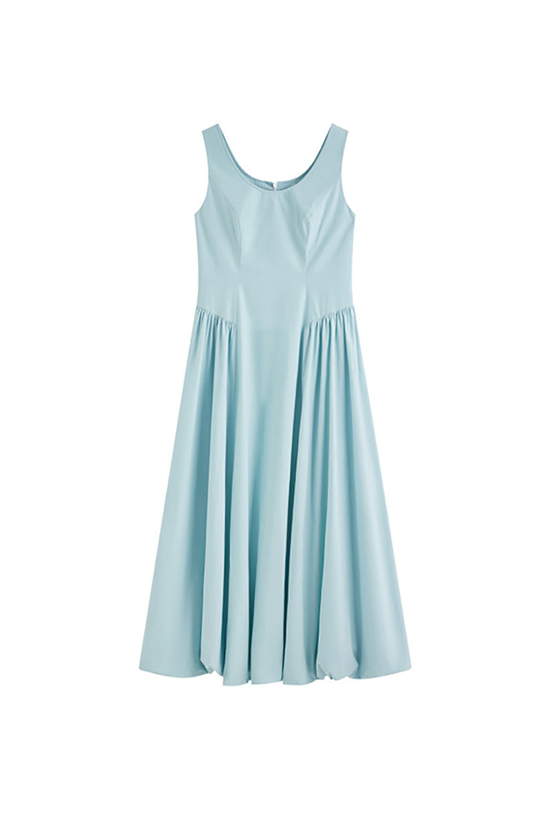 Baby Blue 100 Cotton Sleeveless Scoop-Neck Bubble Midi Dress