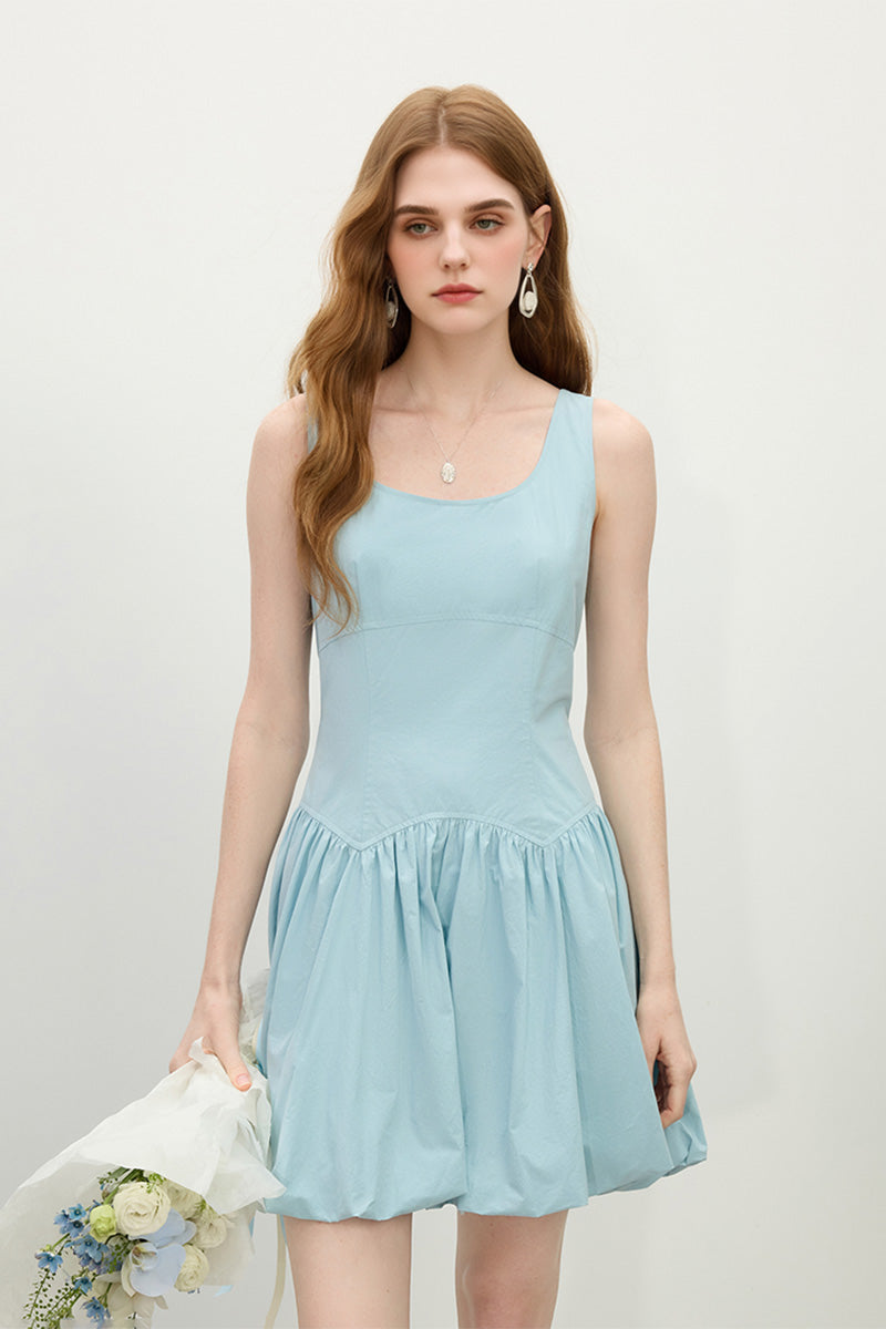 Baby Blue 100 Cotton Sleeveless Scoop-Neck Bubble Mini Dress