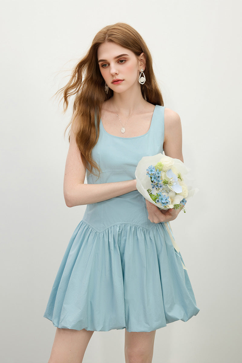 Baby Blue 100 Cotton Sleeveless Scoop-Neck Bubble Mini Dress