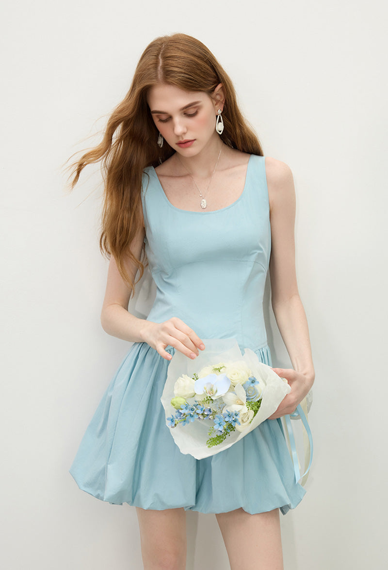 Baby Blue 100 Cotton Sleeveless Scoop-Neck Bubble Mini Dress