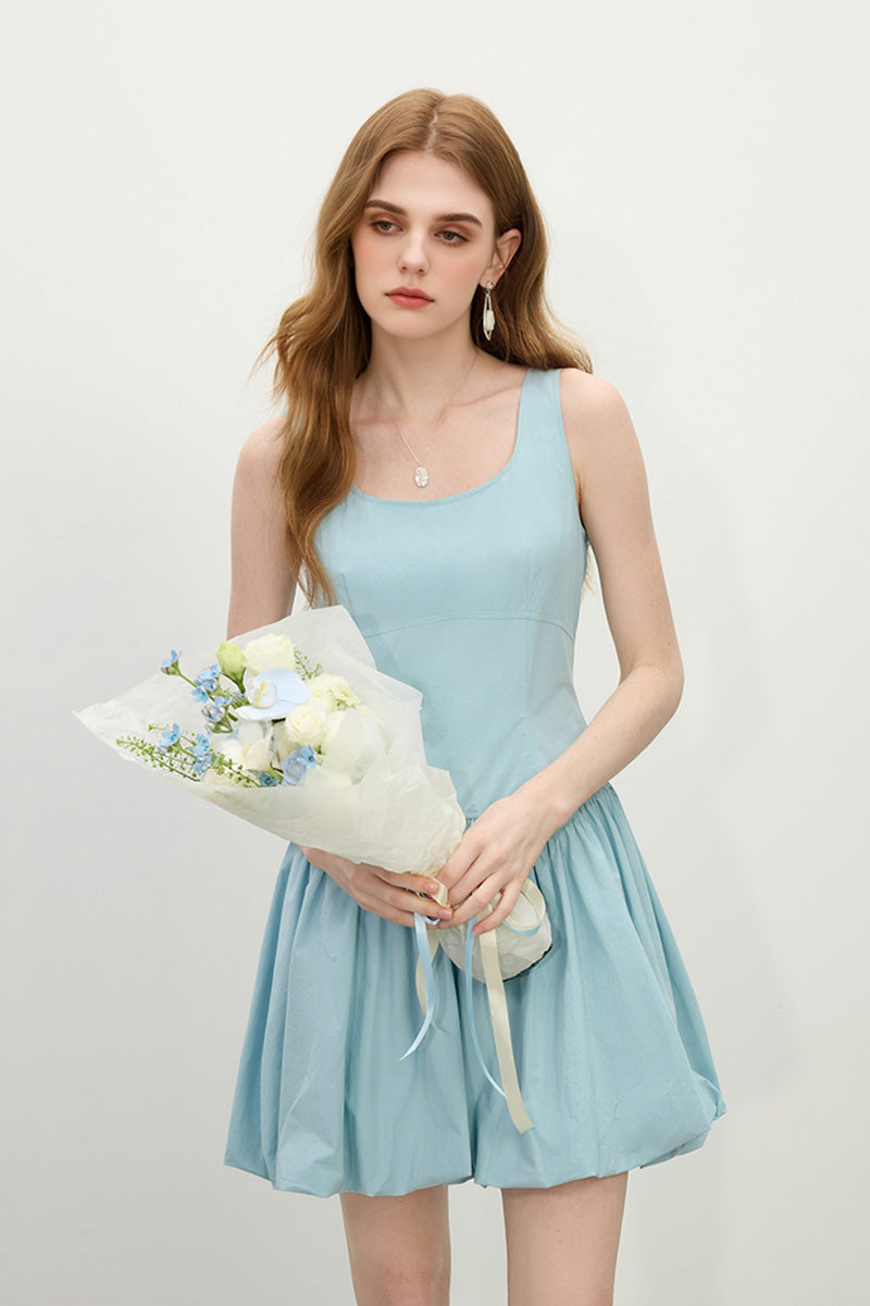 Baby Blue 100 Cotton Sleeveless Scoop-Neck Bubble Mini Dress