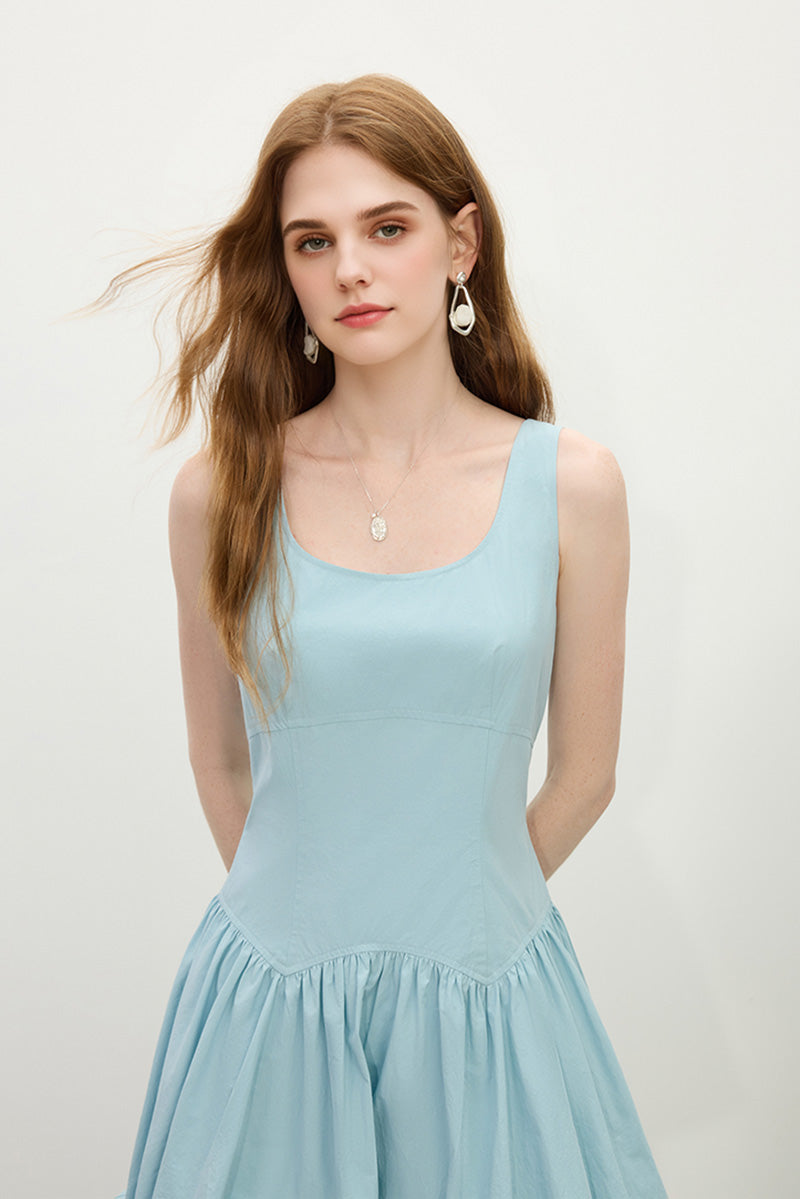 Baby Blue 100 Cotton Sleeveless Scoop-Neck Bubble Mini Dress