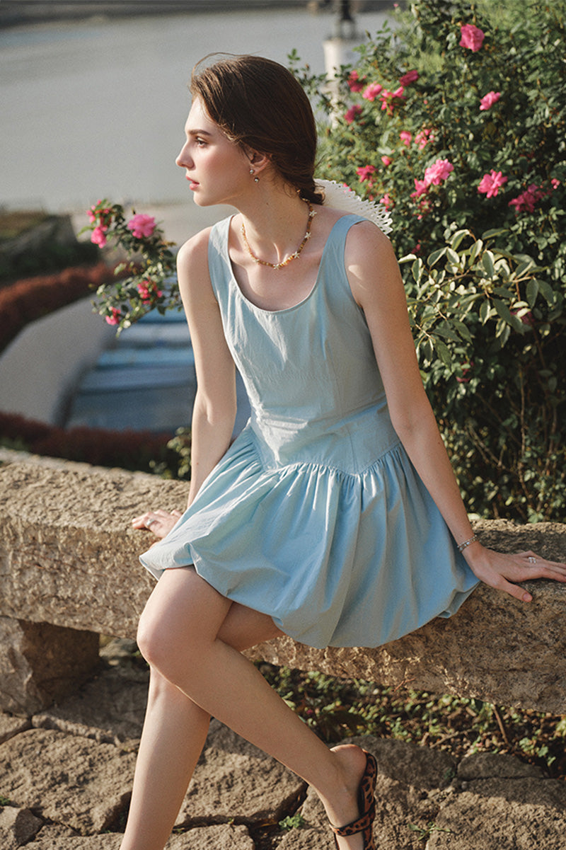 Baby Blue 100 Cotton Sleeveless Scoop-Neck Bubble Mini Dress