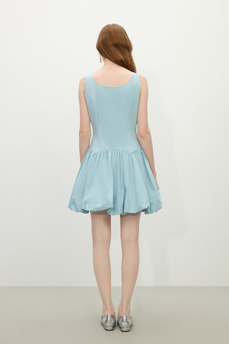 Baby Blue 100 Cotton Sleeveless Scoop-Neck Bubble Mini Dress