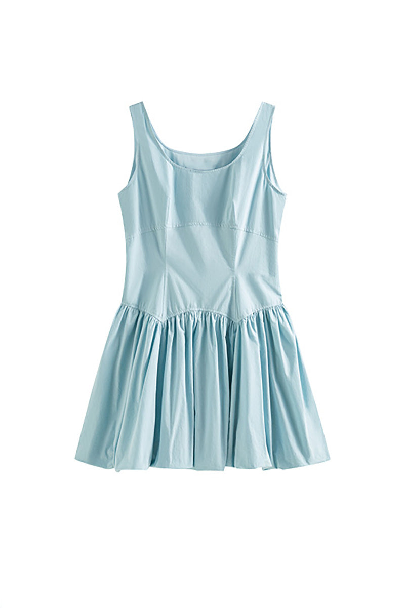 Baby Blue 100 Cotton Sleeveless Scoop-Neck Bubble Mini Dress