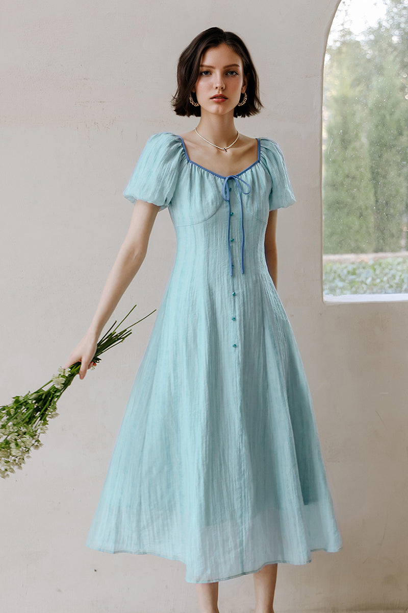 Baby Blue Lyocell V-Neck Puff-Sleeve Midi Dress