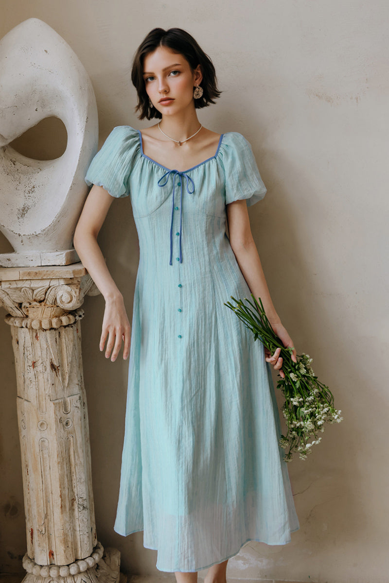 Baby Blue Lyocell V-Neck Puff-Sleeve Midi Dress