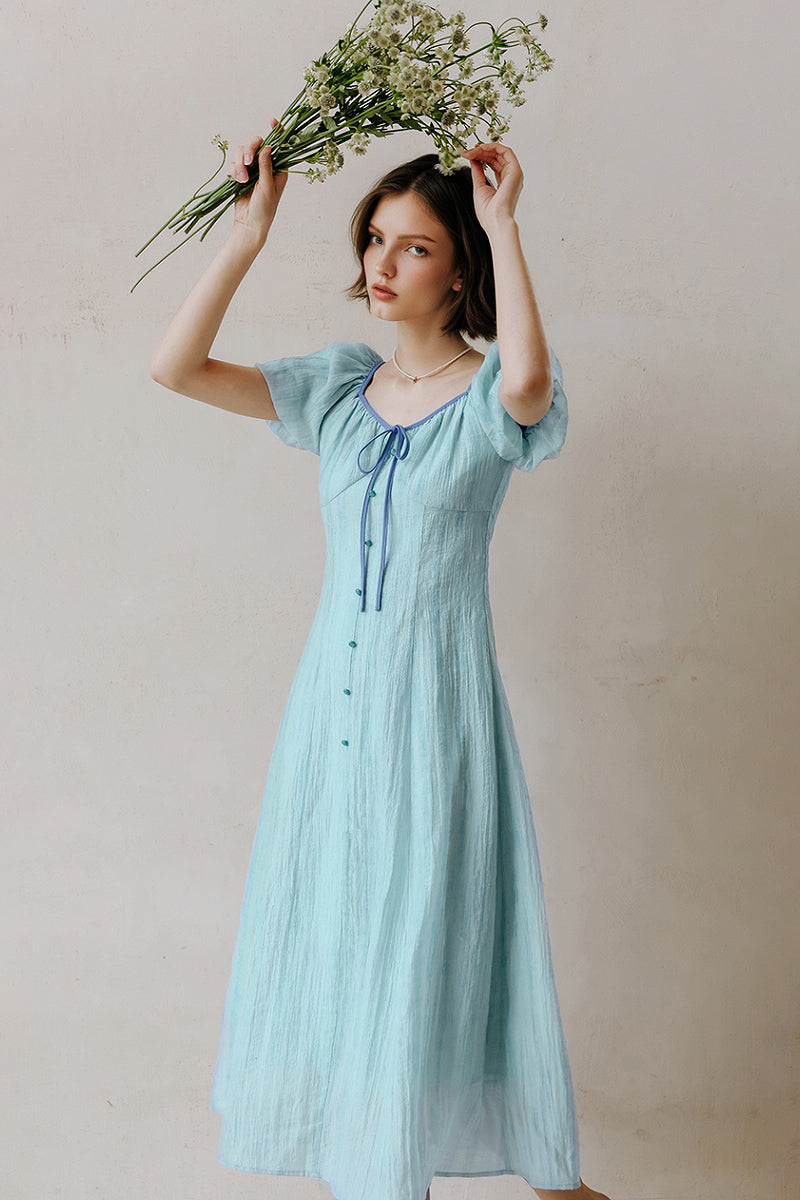 Baby Blue Lyocell V-Neck Puff-Sleeve Midi Dress