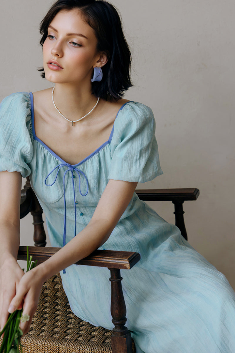 Baby Blue Lyocell V-Neck Puff-Sleeve Midi Dress