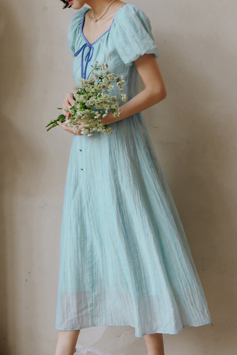 Baby Blue Lyocell V-Neck Puff-Sleeve Midi Dress