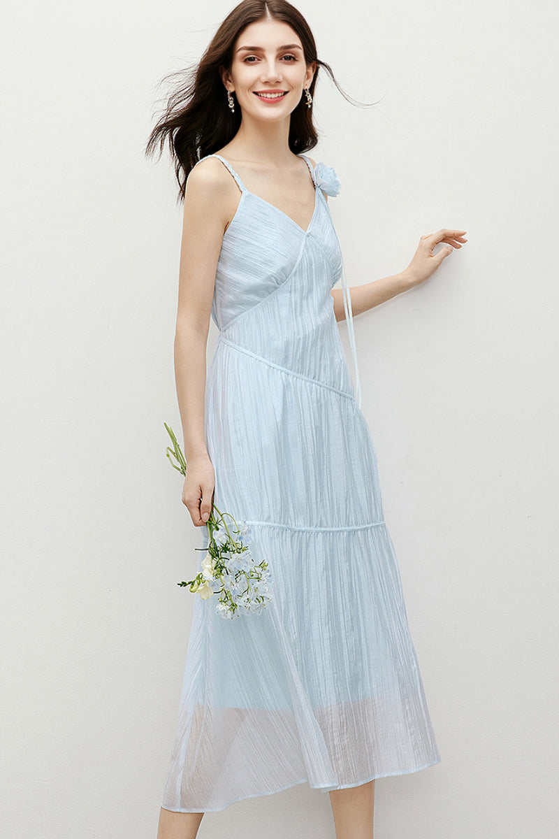 Baby Blue V-Neck Spaghetti-Strap Textured Midi Dress