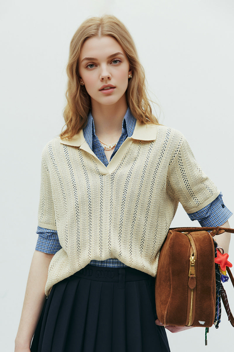 Basic V-Neck Open-Knit Polo Shirt