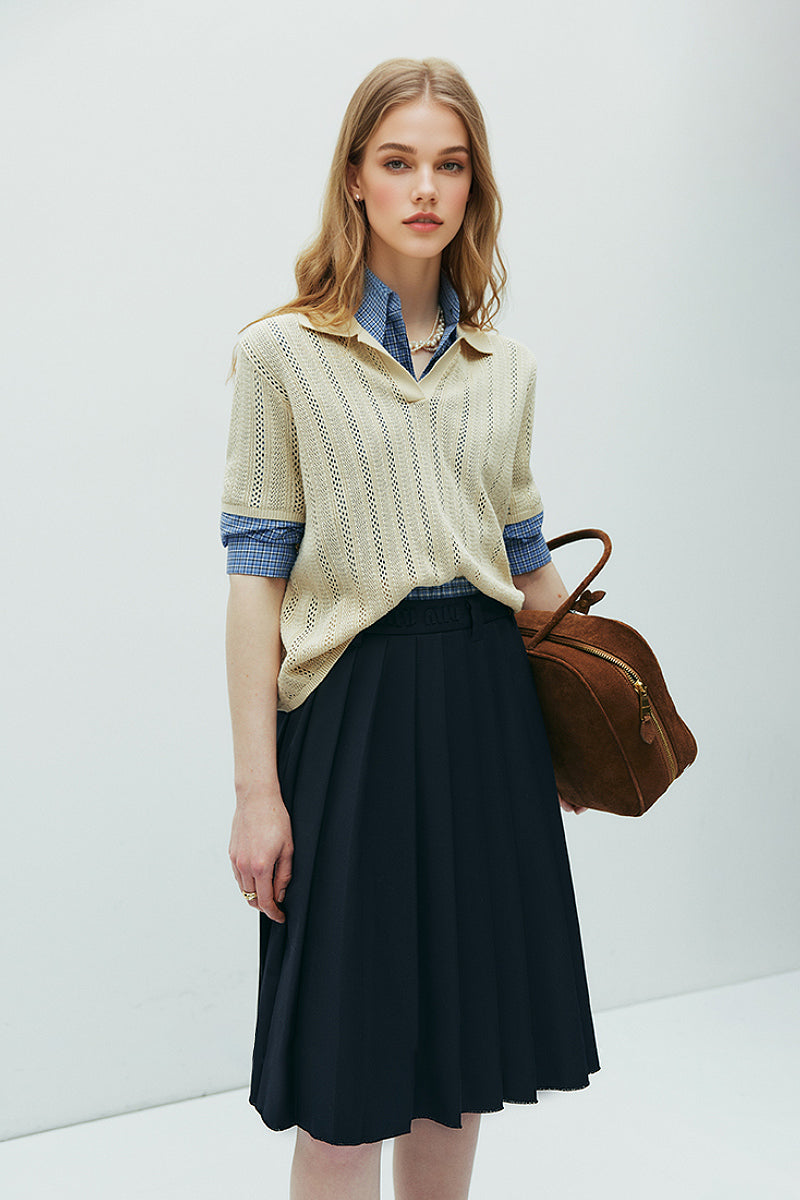 Basic V-Neck Open-Knit Polo Shirt