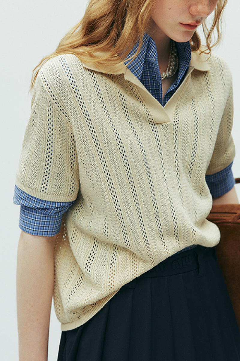 Basic V-Neck Open-Knit Polo Shirt