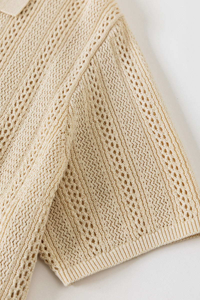 Basic V-Neck Open-Knit Polo Shirt