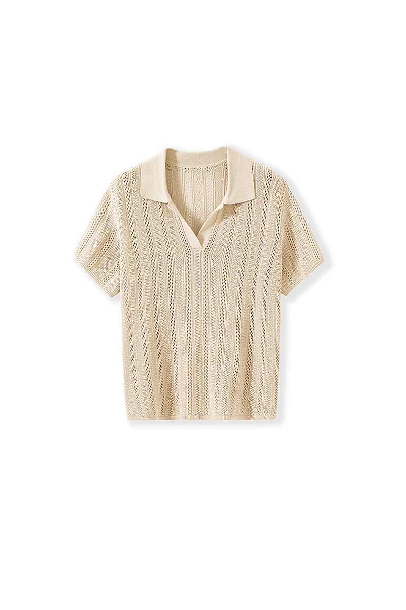 Basic V-Neck Open-Knit Polo Shirt