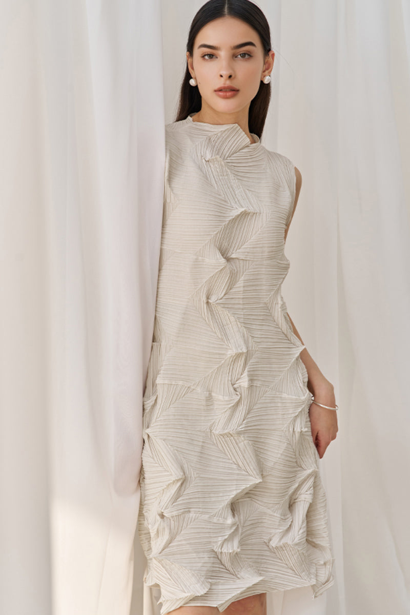 Designer Inspired Pleated Sleeveless Midi Dress in White