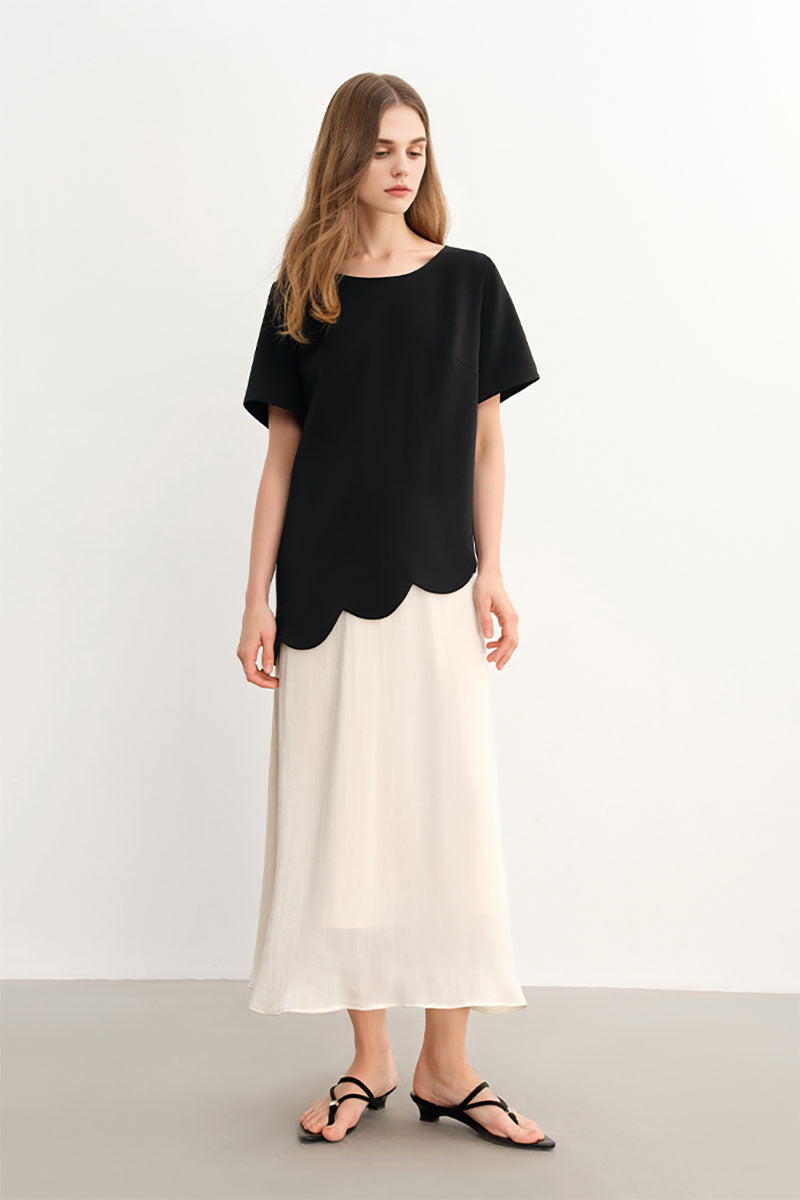 Black & White Short-Sleeve Mixed Media Midi Dress