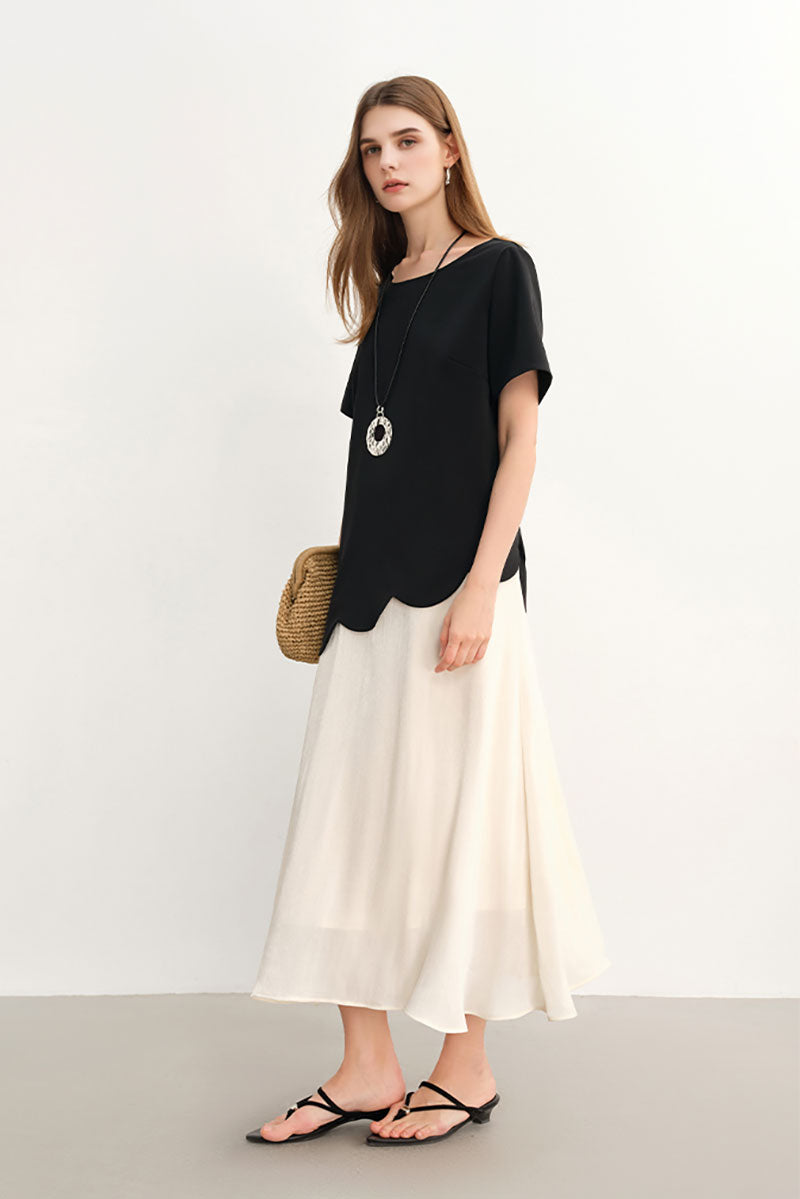 Black & White Short-Sleeve Mixed Media Midi Dress