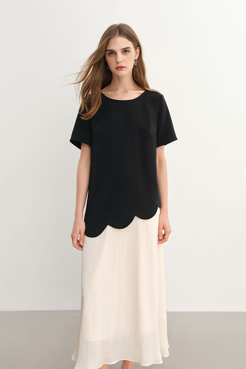 Black & White Short-Sleeve Mixed Media Midi Dress