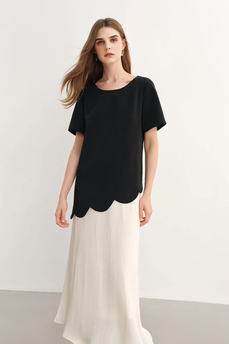 Black & White Short-Sleeve Mixed Media Midi Dress