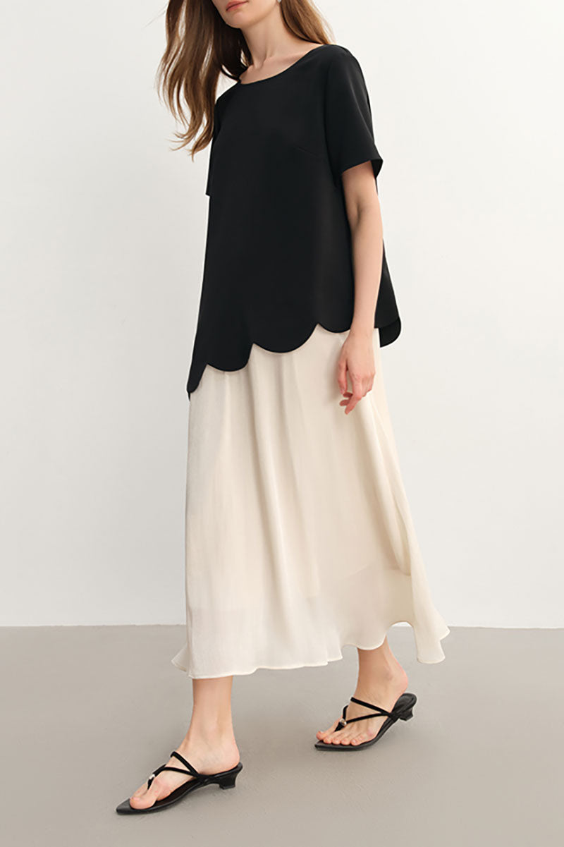 Black & White Short-Sleeve Mixed Media Midi Dress