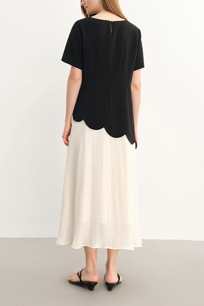 Black & White Short-Sleeve Mixed Media Midi Dress