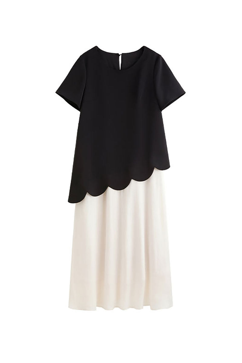 Black & White Short-Sleeve Mixed Media Midi Dress