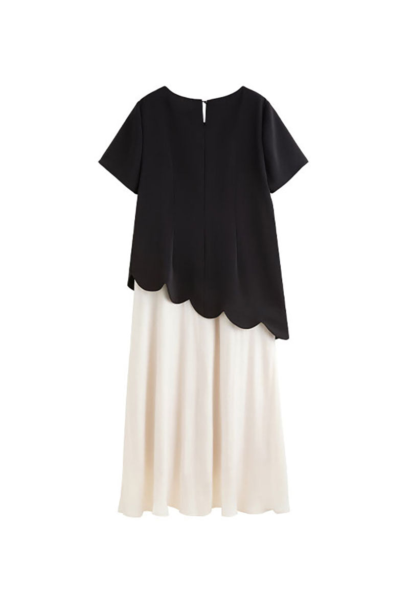 Black & White Short-Sleeve Mixed Media Midi Dress