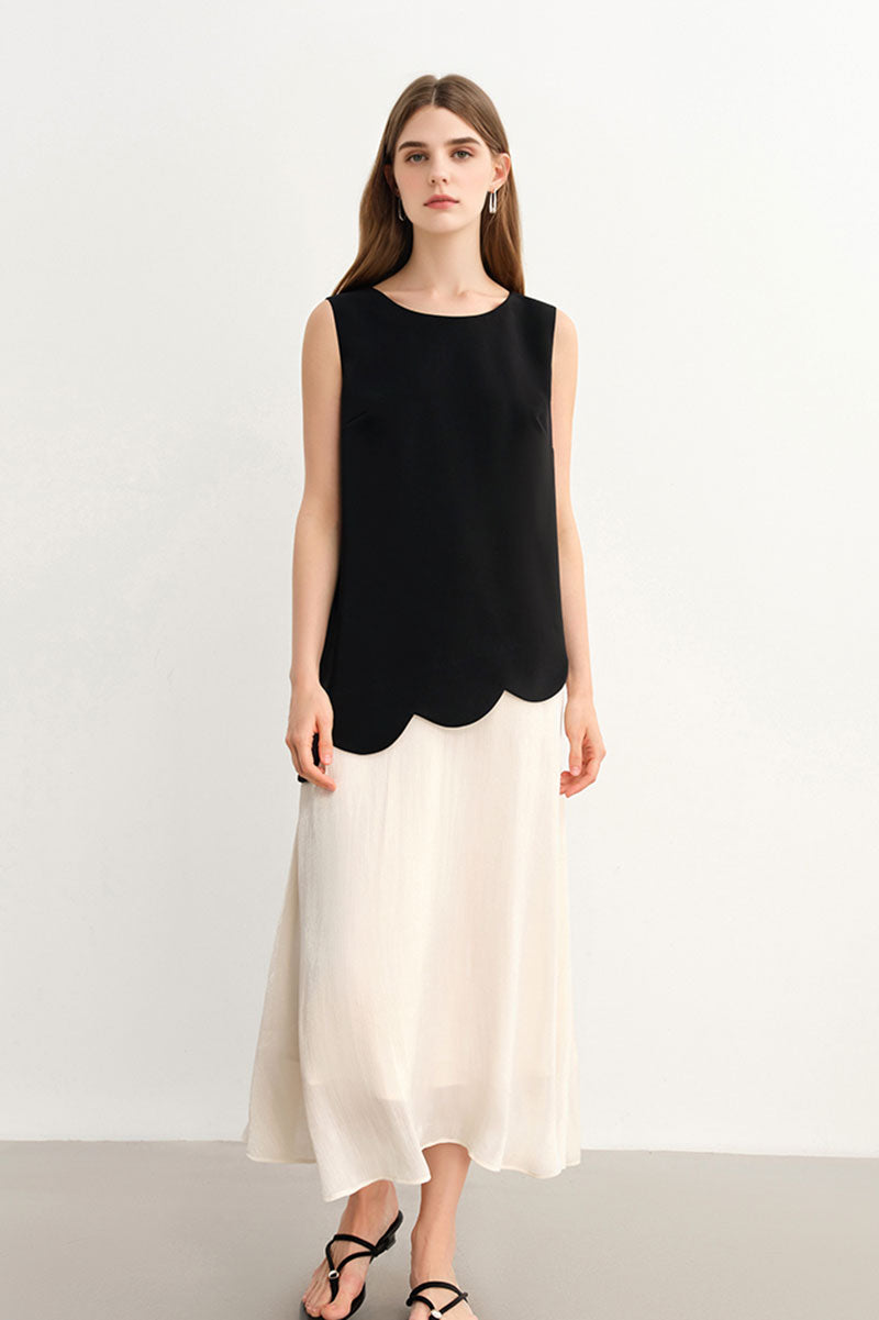 Black & White Sleeveless Mixed Media Midi Dress
